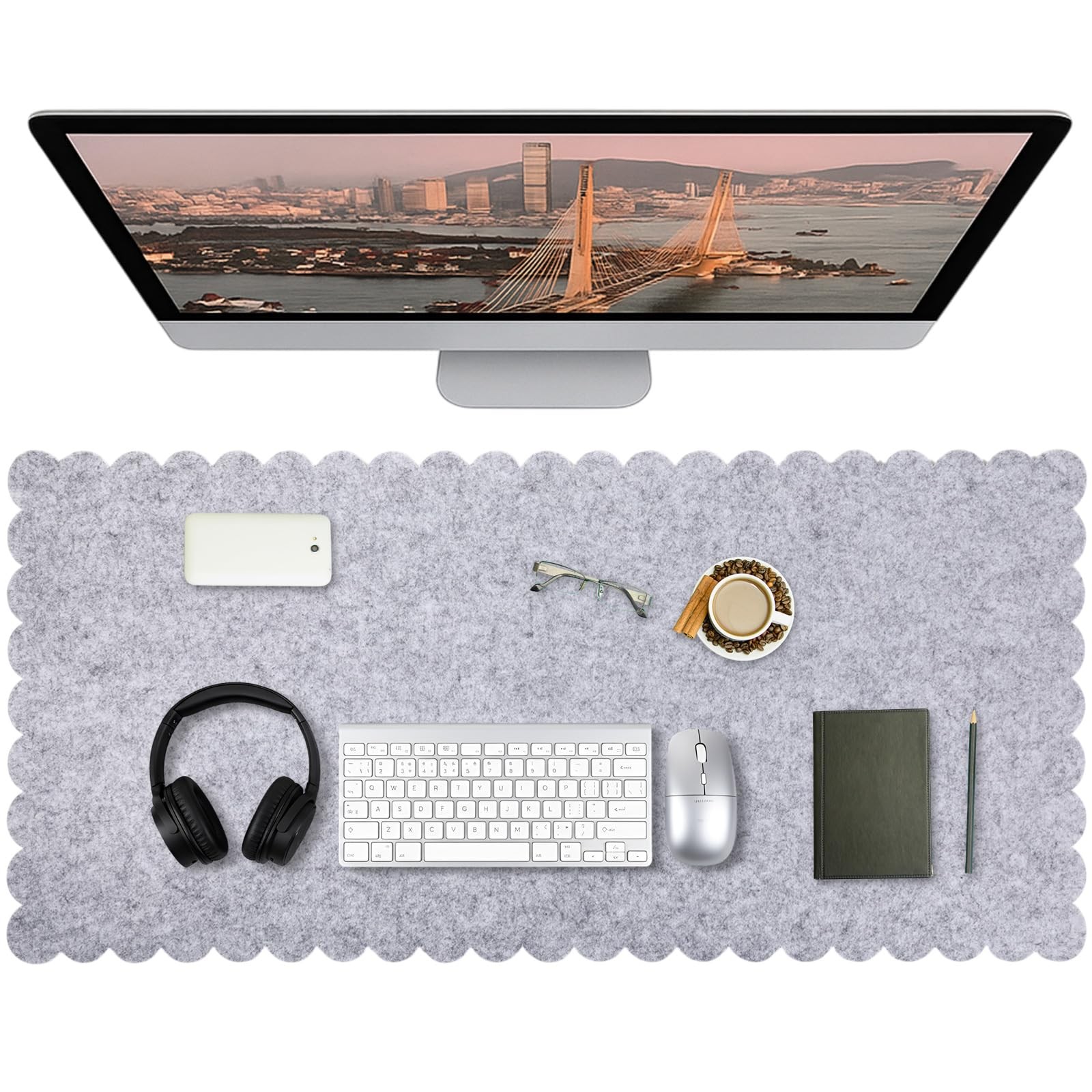 Felt Desk Mat 35x16.5 Inch Scalloped Edges Non Slip Mouse Pad Gray Large