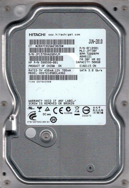 Hitachi HDS721050CLA362 P/N: 0F10981 MLC: JPT3BF 500GB