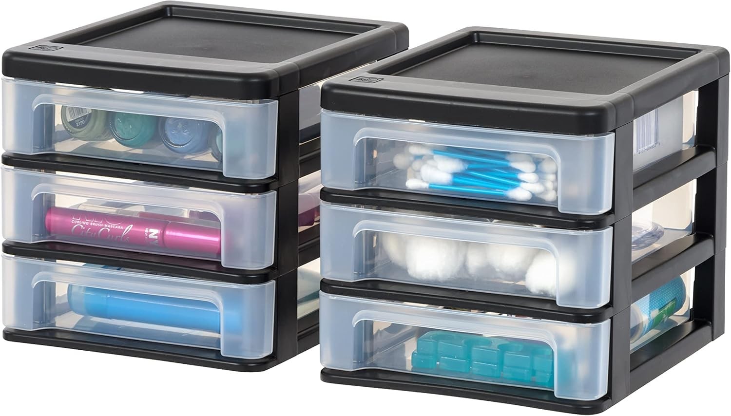 Plastic Desktop Organizer 3 Drawer Stacking 2 Pack Small Black IRIS USA