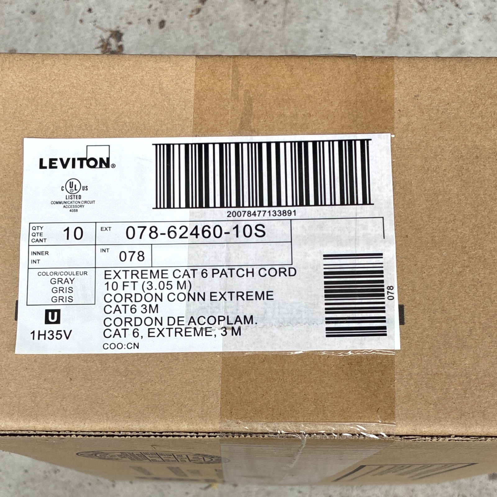 Leviton Extreme Cat 6 RJ-45 to RJ-45 Patch Cable Gray 10ft