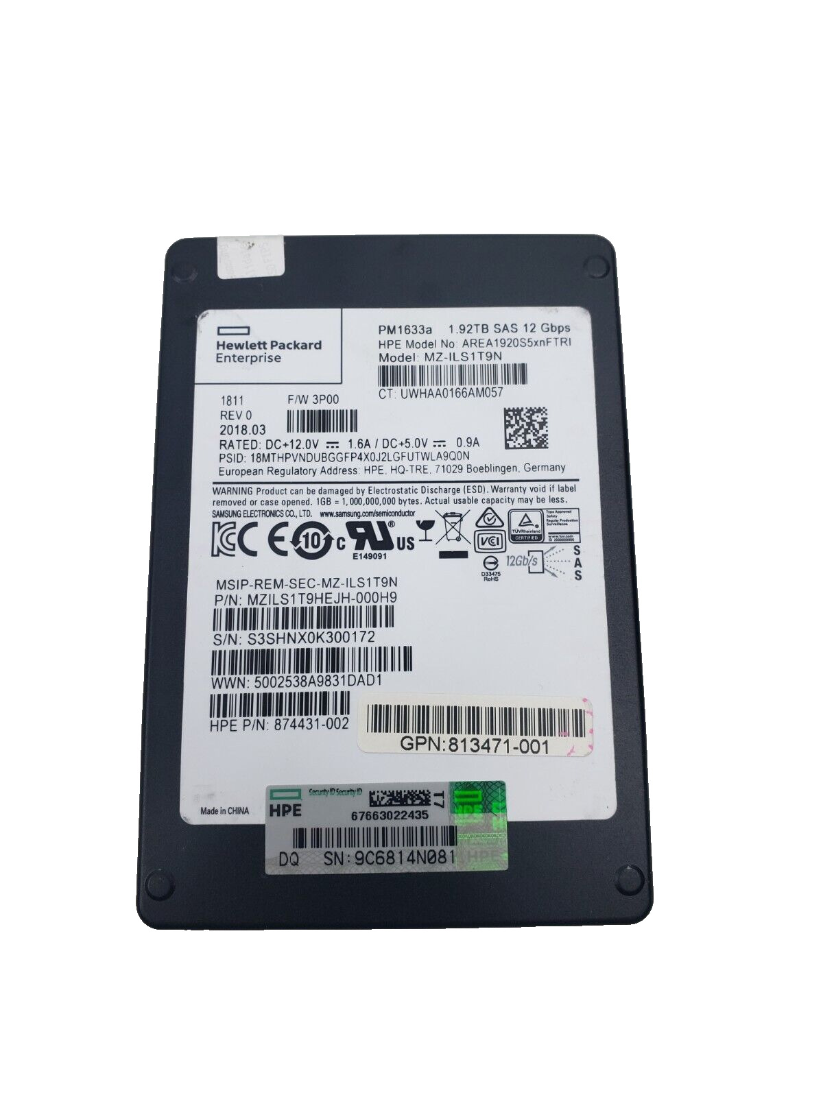 HPE mz-ils1t9n 1.92TB SAS 12GBps SSD PM1633a 874431-002