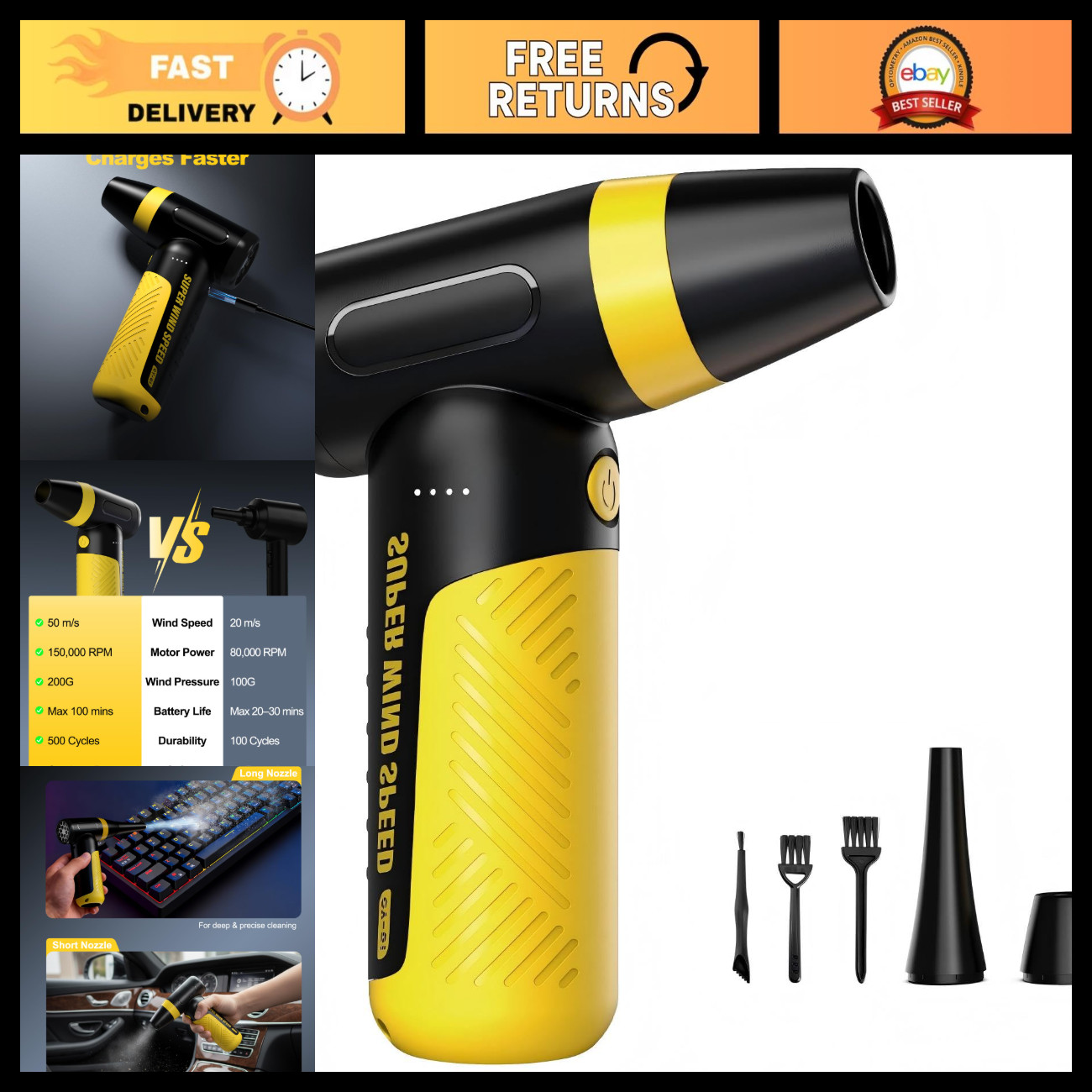 High-Power Electric Air Duster & Blower, 150,000 RPM, 3 Speed Settings, Cordless