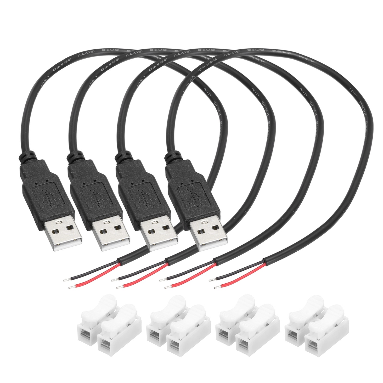 4Pcs USB Plug Pigtail, 0.3 M/1 ft Male 22 AWG 5V 3A with Wire Connector, Black