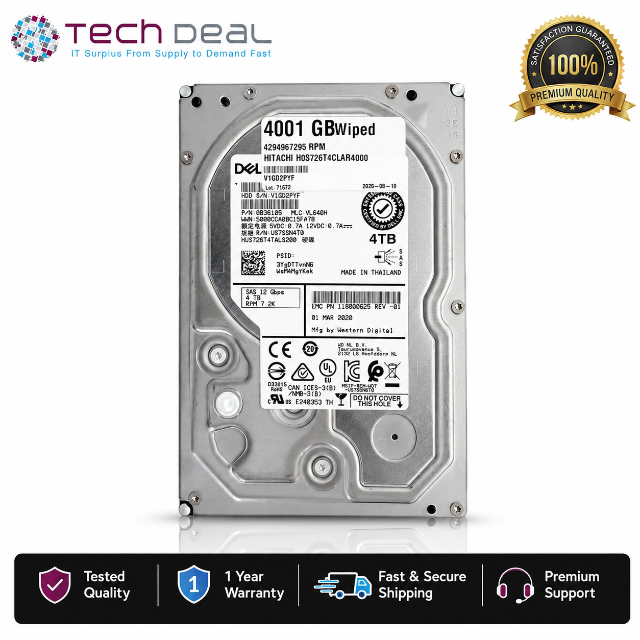 Dell EMC 4TB SAS 12Gb/s 7.2K 3.5" Enterprise HDD HUS726T4TALS200 0B36105