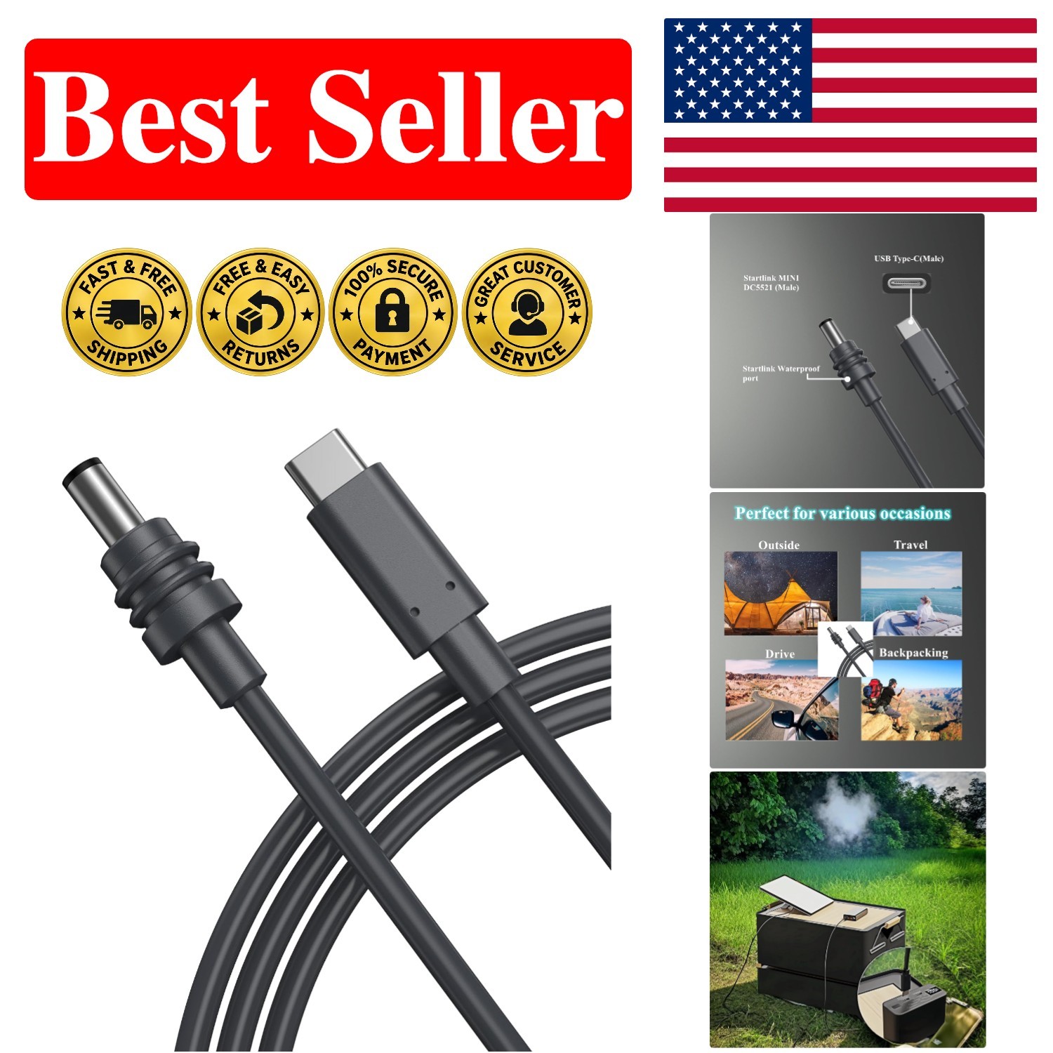Portable 10ft USB-C to DC Cable for Starlink Mini - Weatherproof Power Solution