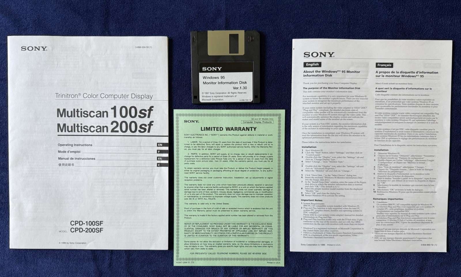 Vintage Sony Trinitron Multiscan 100sf 200sf Manual & Win95 Driver Disk TESTED