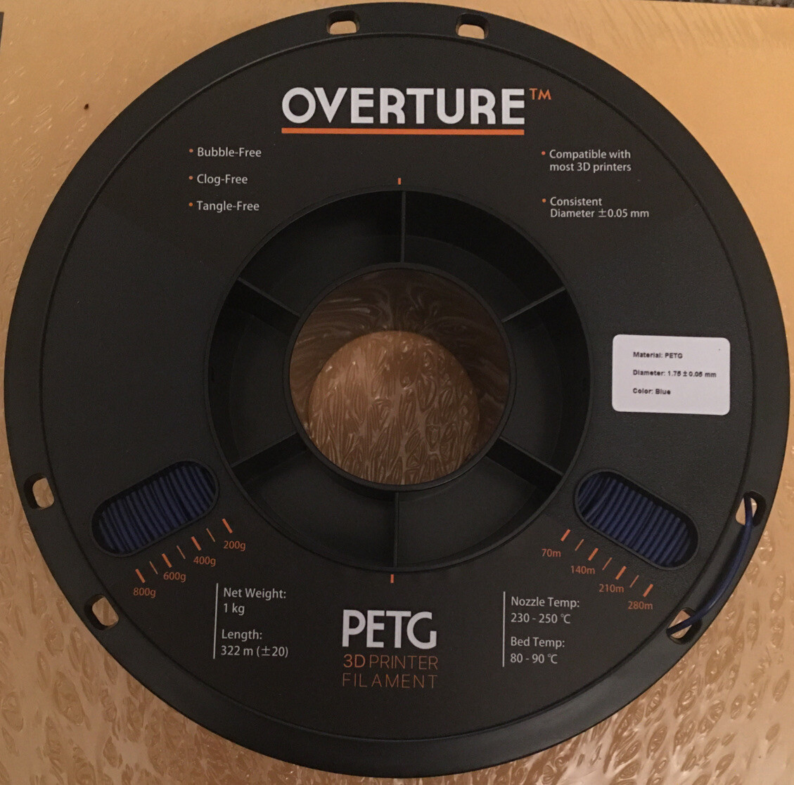 Overture 3D Printer Filament Black PETG Filament 1.75mm 1KG