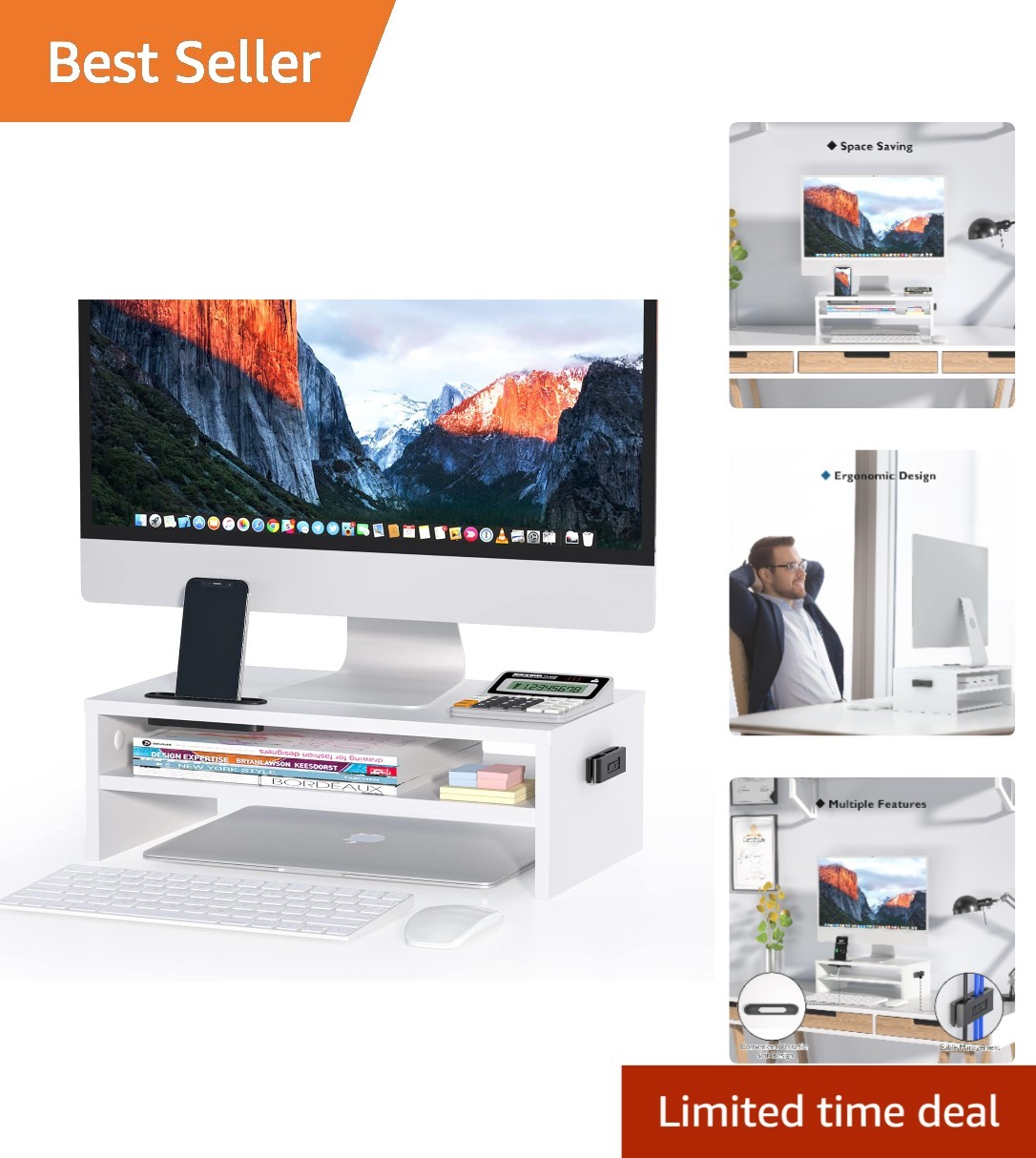Sleek Two-Tier Desk Monitor Stand with Eco-Friendly Design & Storage Solutions