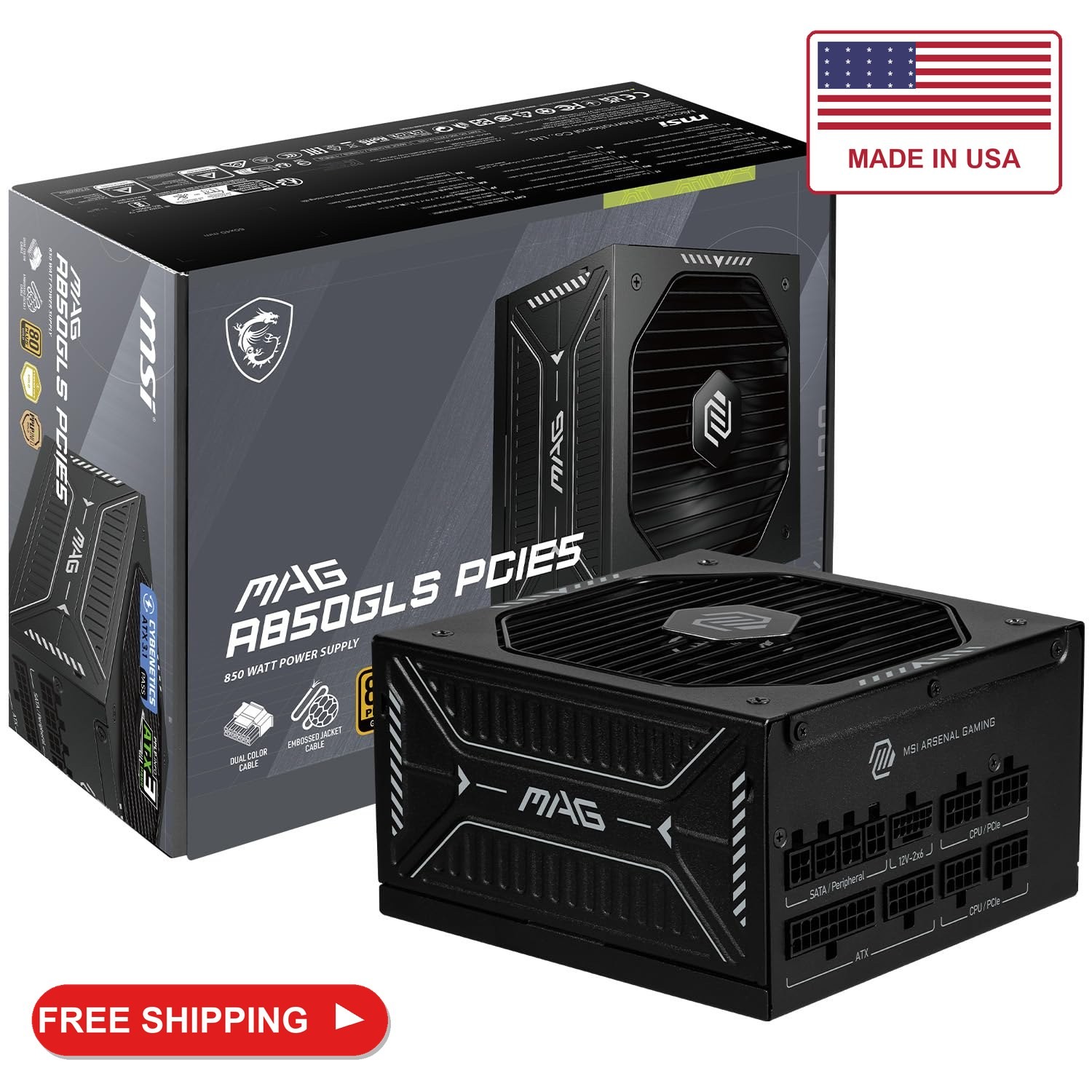 MSI MAG A850GLS PCIE5, Fully Modular Compact Gaming 850W Power Supply, 80+ Gold,