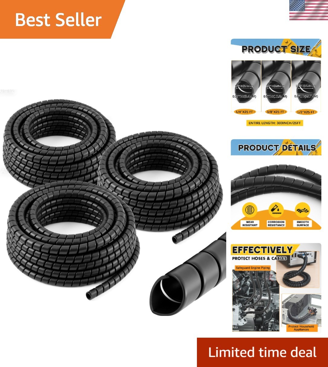 3 Pcs Spiral Wrap Cable Protector, Safe 1/4''+1/2''+3/8'' Od x 25' Pre Cut Le...