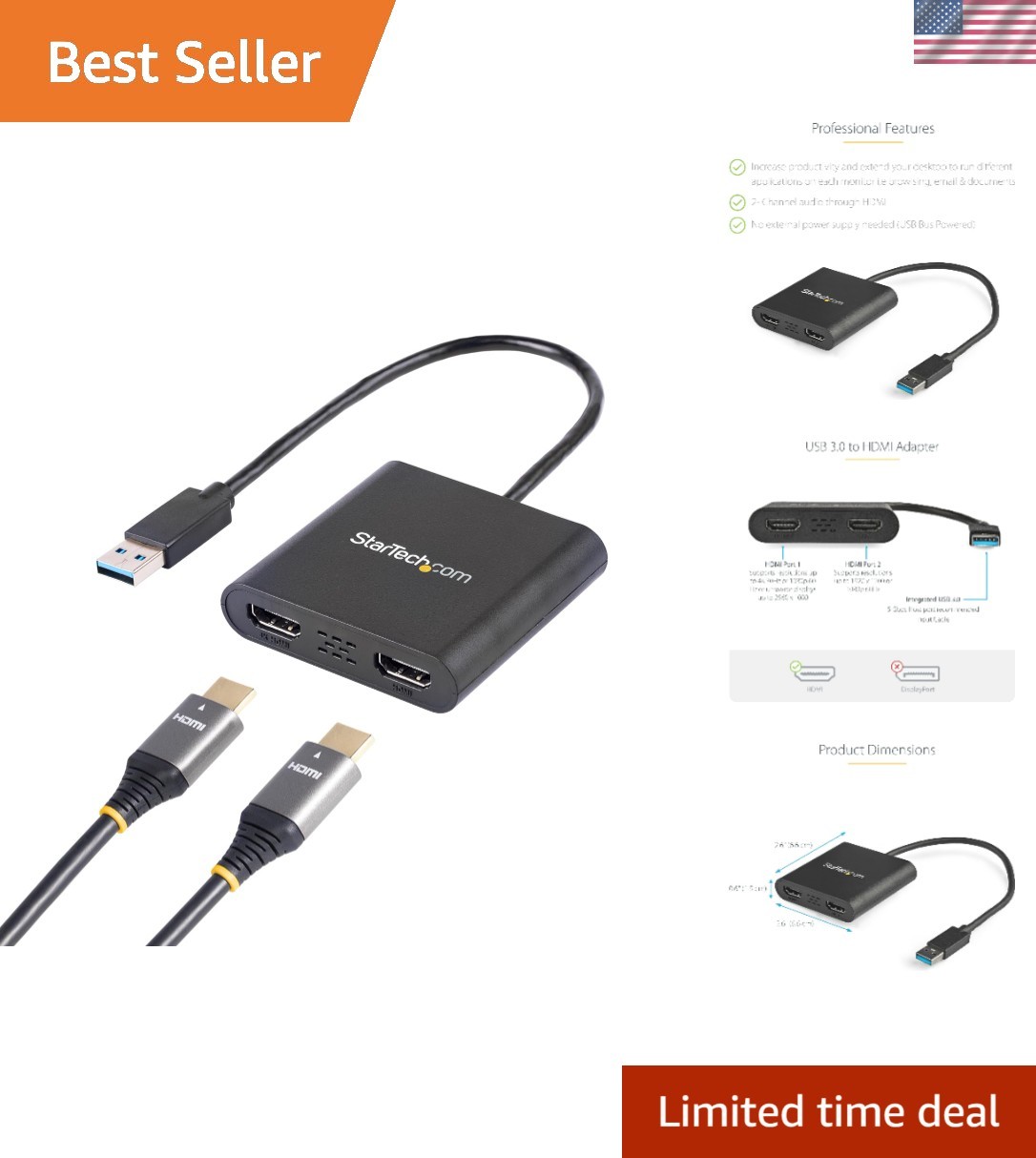 USB 3.0 Dual HDMI Adapter, Black, with 4K Support, for Windows