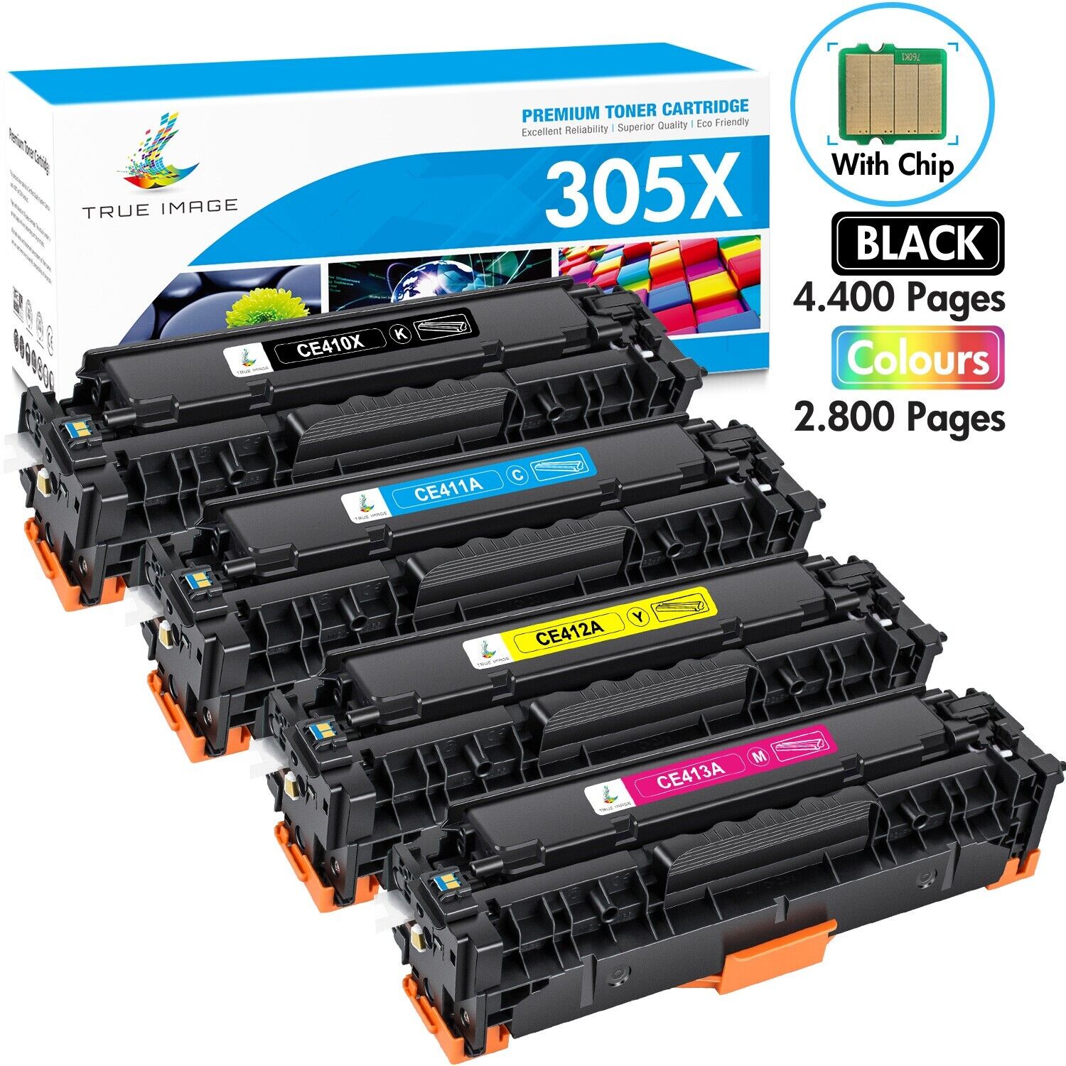 4 Pack 305X Toner for HP 305A CE410A LaserJet Pro 400 Color M451dw M475dw M451dn