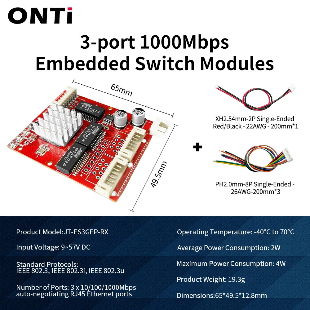 ONTi Gigabit Ethernet Switch PCBA Module 3/5 Port 10/100/1000Mbps 9-57V Wide