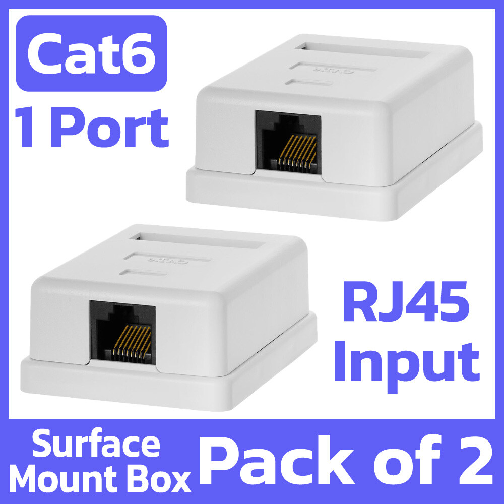 2 Pack RJ45 Surface Mount Box 1 Port Wall Mount Cat6 Ethernet Connector - White