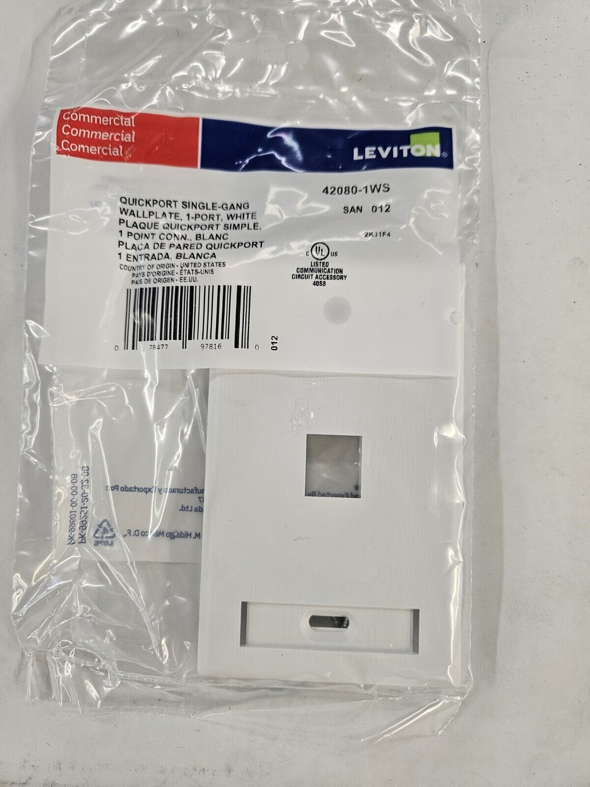 Leviton 42080-1WS QuickPort Wallplate with Id Window Single Gang 1-Port White