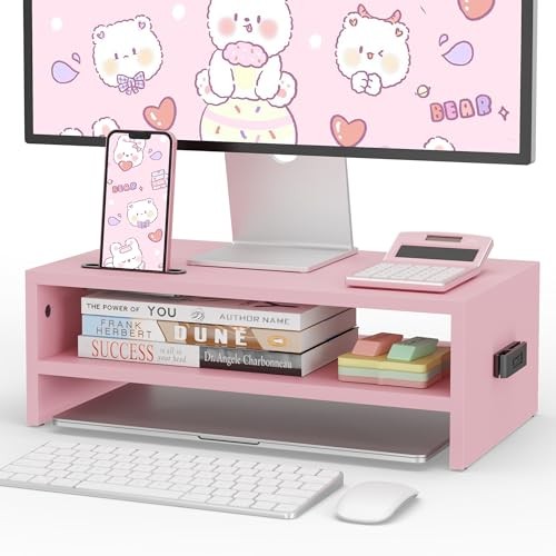  Wooden Monitor Stand Riser, 2-Tier Desk Shelf with Storage 16.5 inch Pink