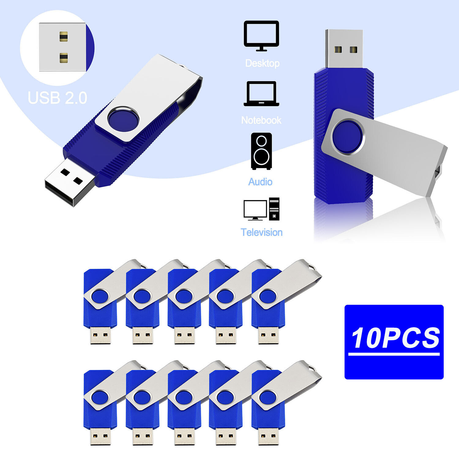 10PCS Blue 16GB USB 2.0 Flash Drives Memory Stick U Disk Swivel Thumb Drive