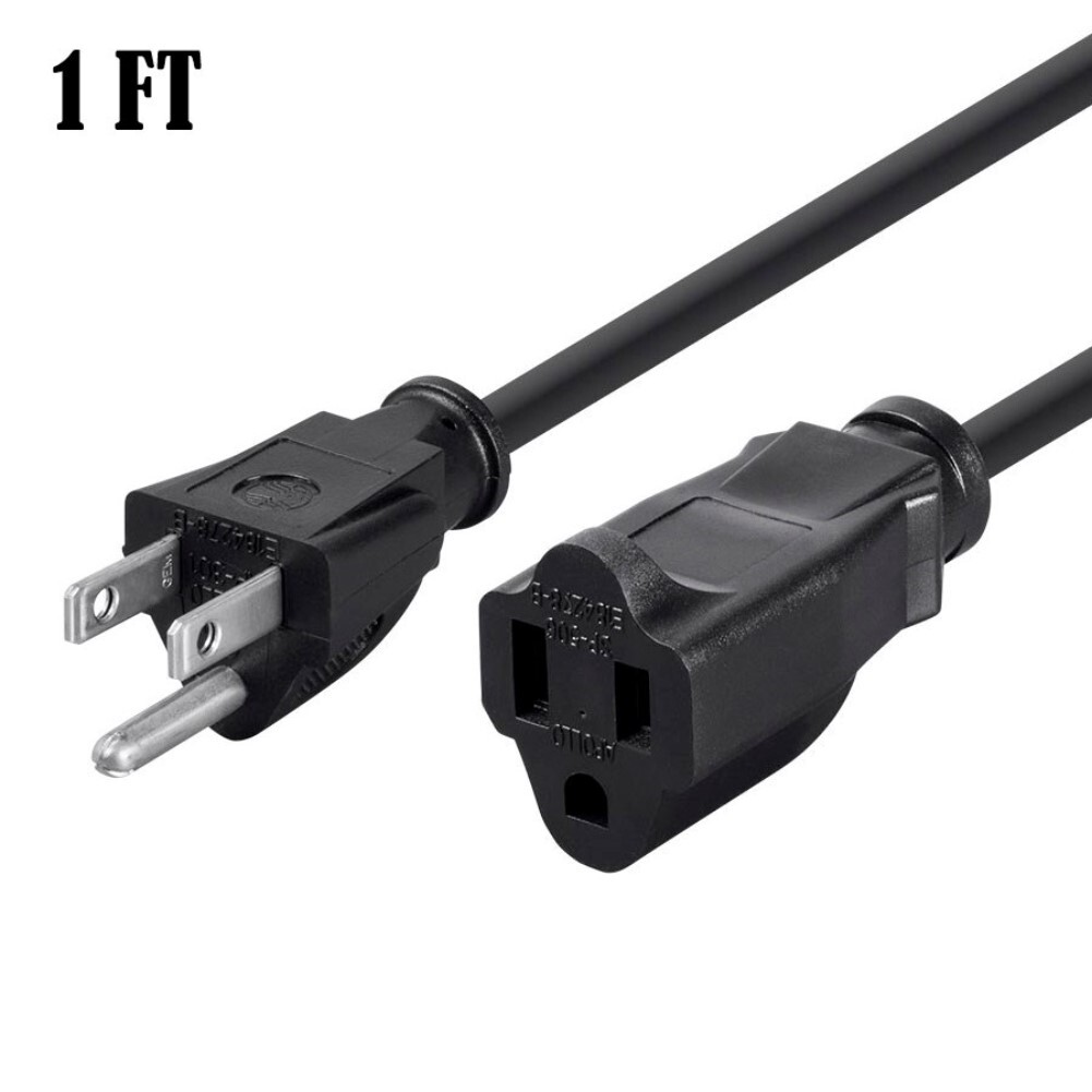 1ft Power Extension Cord Cable 3-Prong AC US Grounded NEMA 5-15P to 5-15R 16AWG