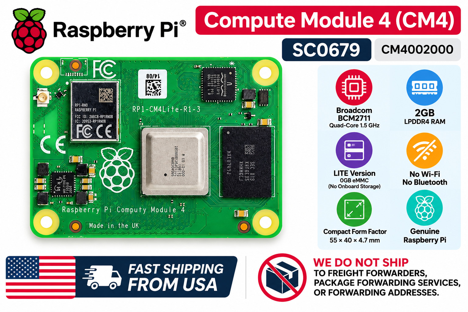 Raspberry Pi Compute Module 4 CM4 Rev5 2GB RAM Lite SC0679 CM4002000