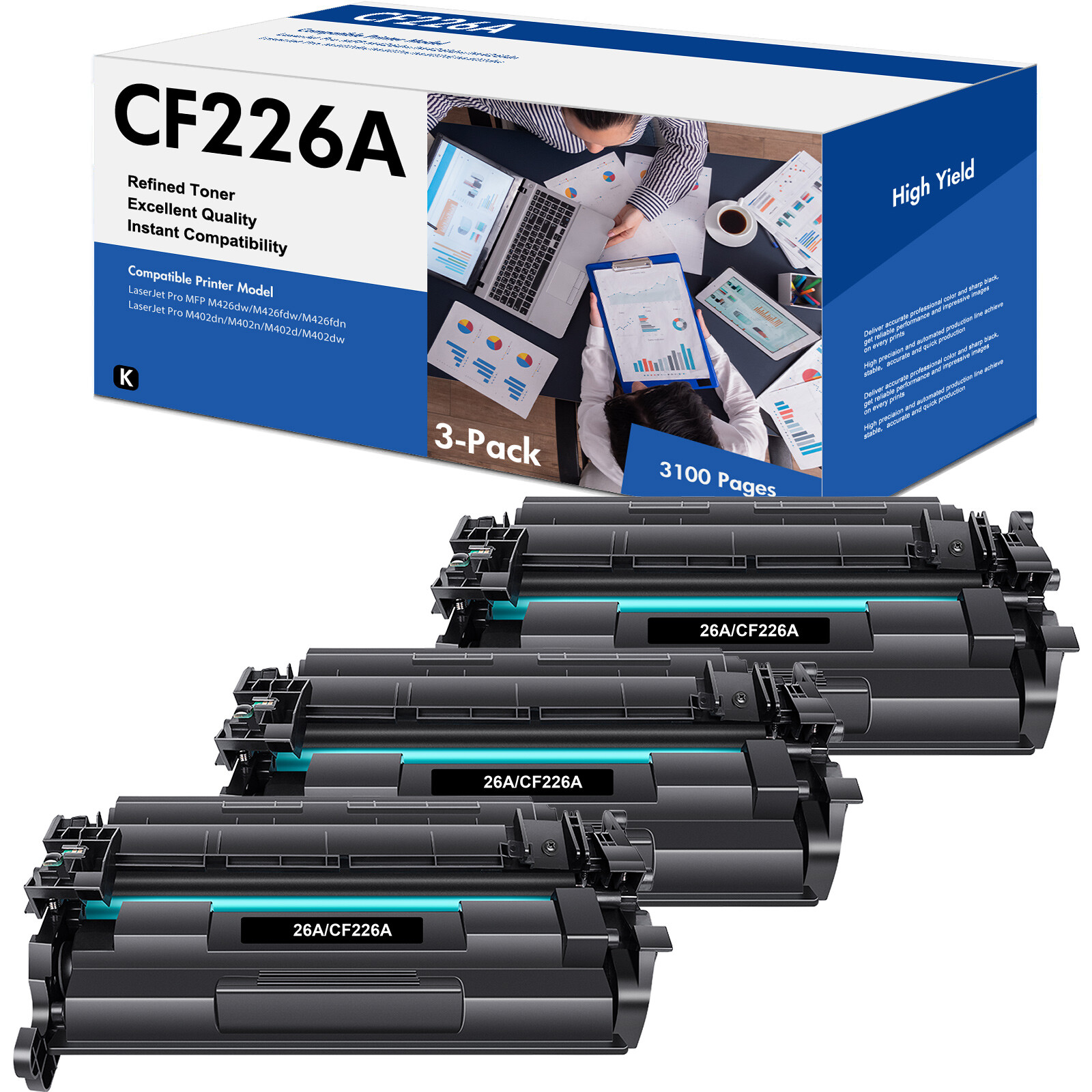 3PK 26A Toner Cartridge with HP CF226A LaserJet Pro MFP M426dw M426fdn M426fdw