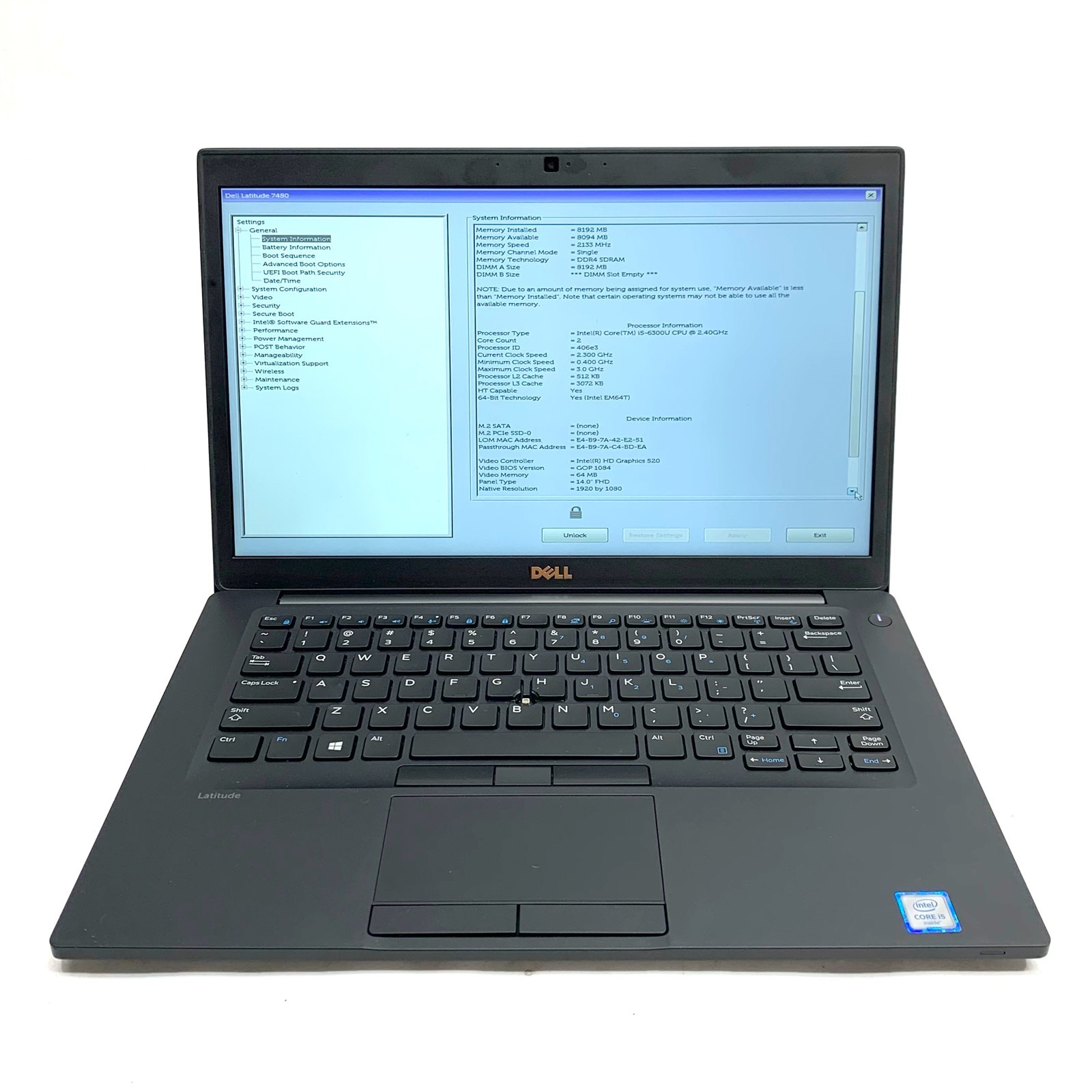 Dell Latitude 7480 14" FHD Intel Core i5-6300U 2.40GHz 8GB No SSD, BIOs Locked