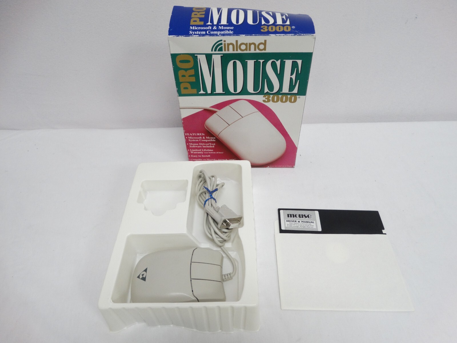 Vintage Inland Pro Mouse 3000 3 Button Serial Mouse W/ Driver Disk In Open Box