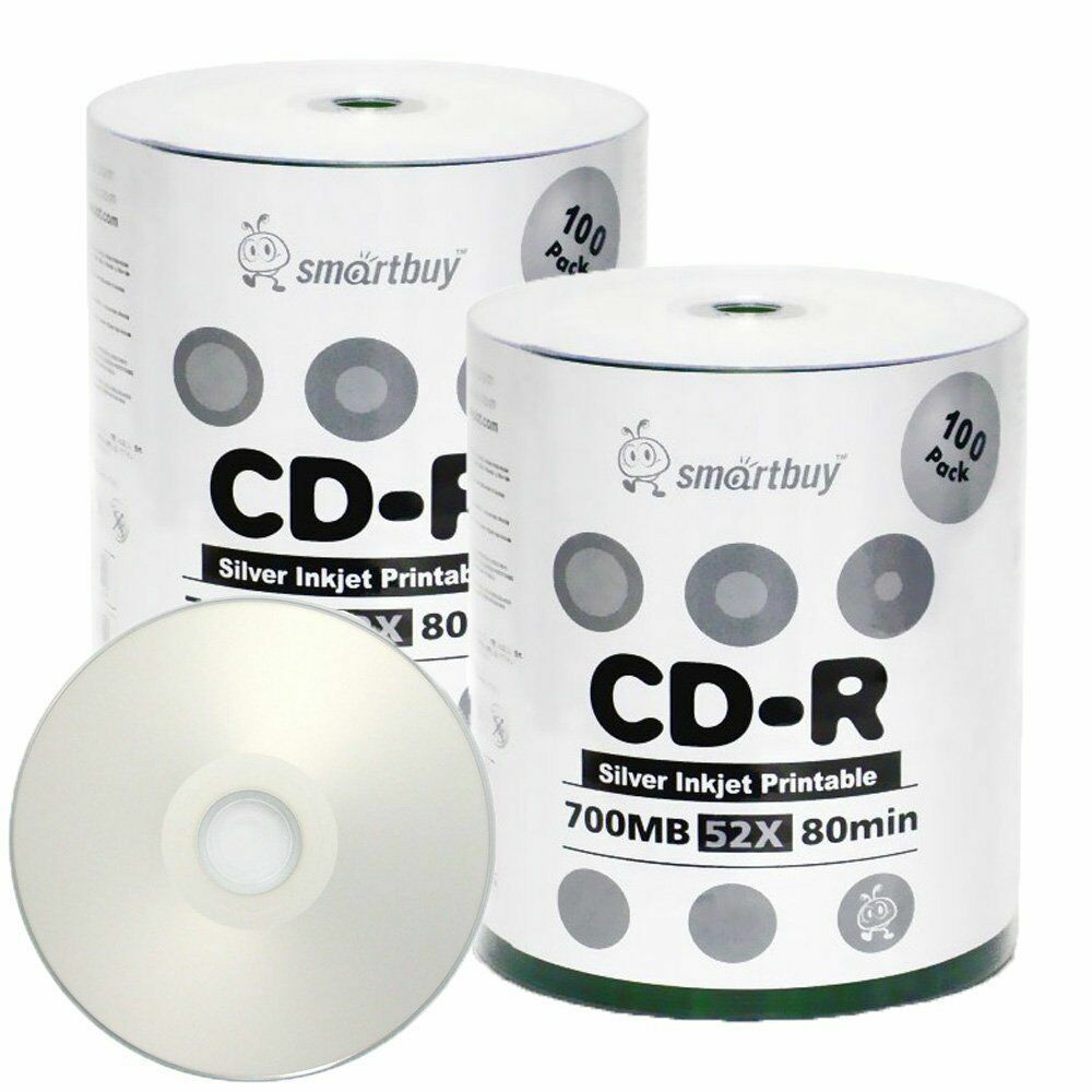200 Smartbuy CD-R 52X 700MB/80Min Silver Inkjet Printable Blank Recording Disc