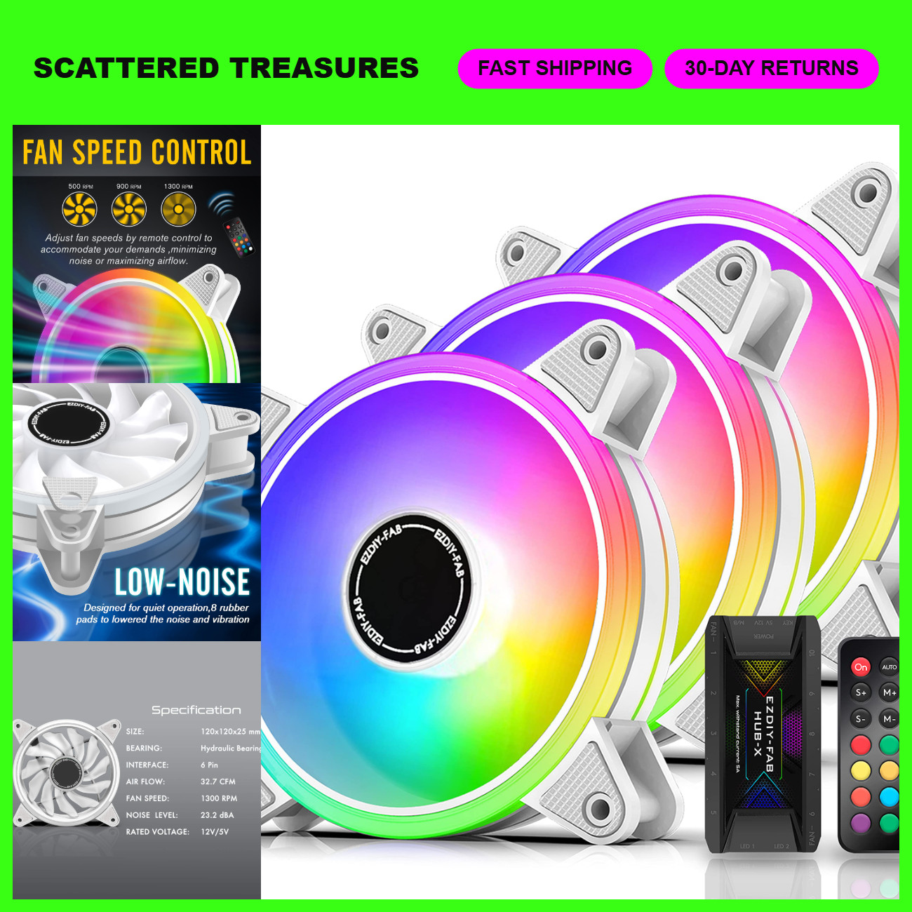 120mm RGB Case Fan with Hub & Remote, Aura SYNC, Speed Control - 3 Pack Moonligh
