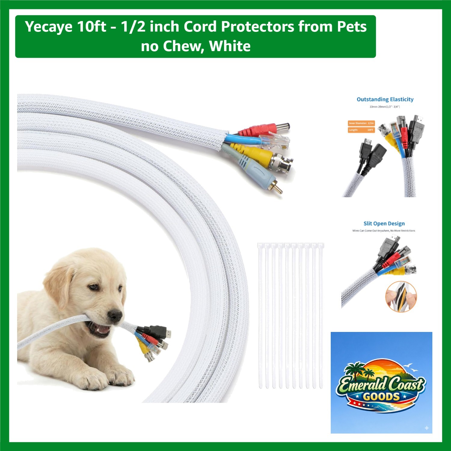 10ft Split Cable Management Sleeve - White, Easy Install & Protects Against Pets