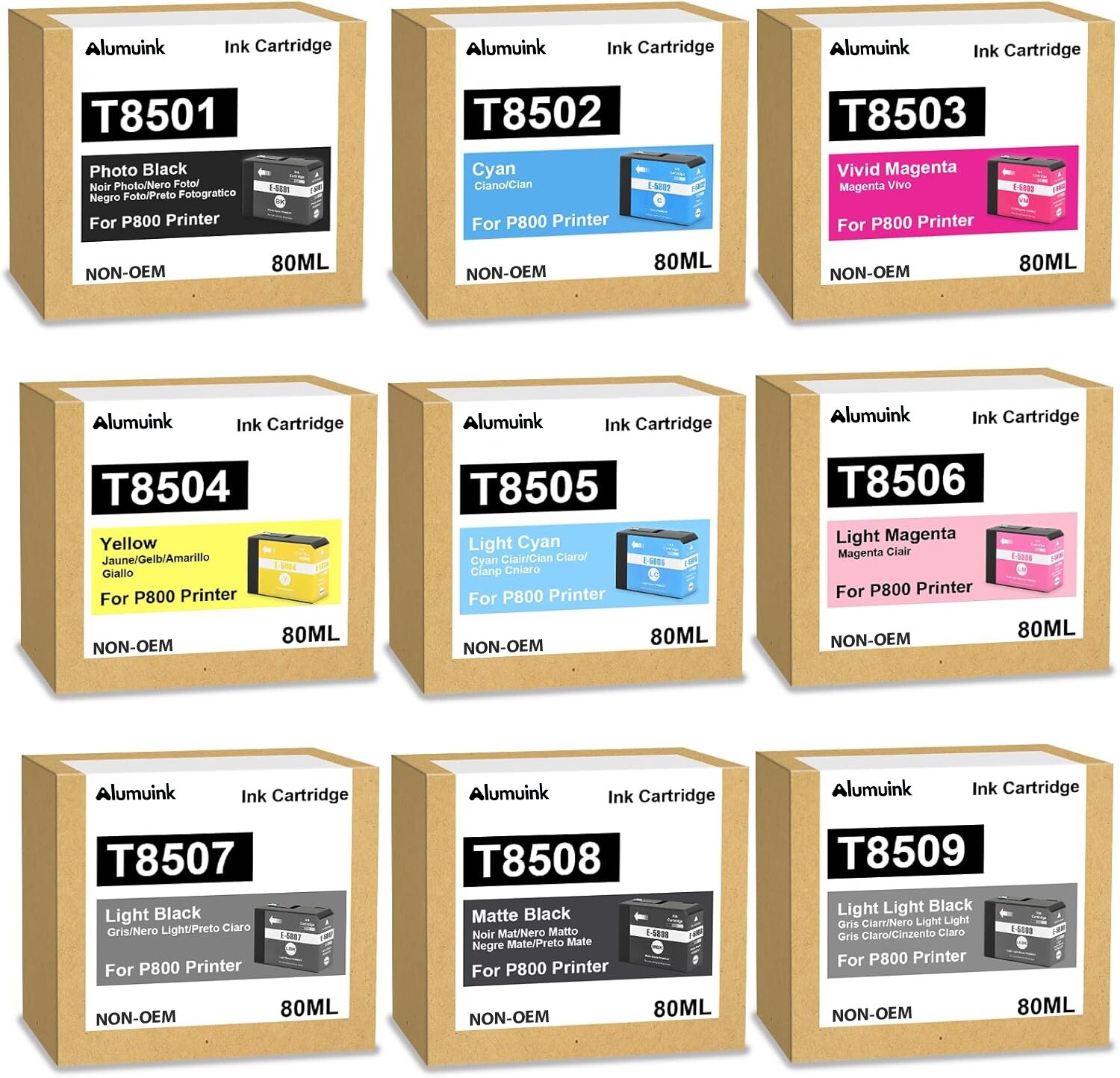 T850 9 Pack Ink Cartridge for Epson SureColor P800 T8501 T8509 Printers 80ML