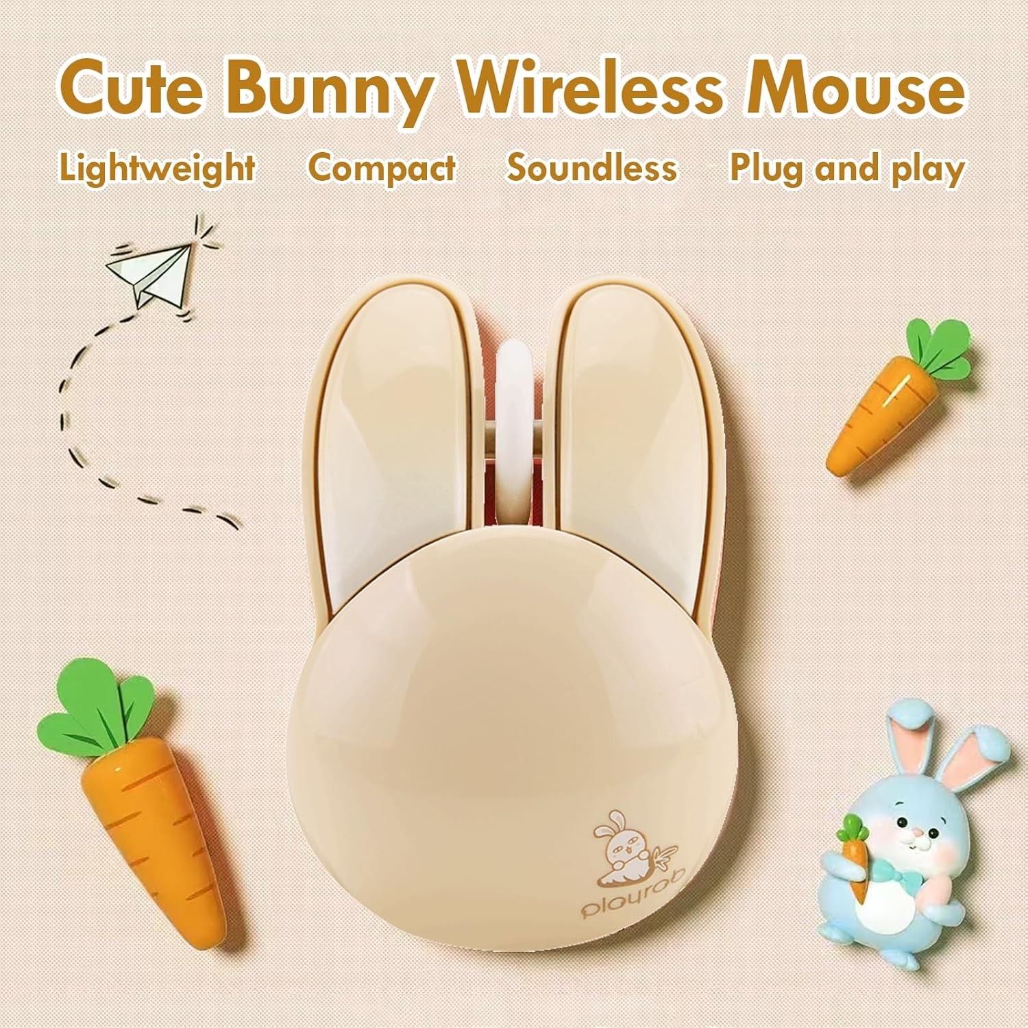 Wireless Mouse Cute Beige Kawaii Bunny Shape Rabbit Design Portable Girls Kids