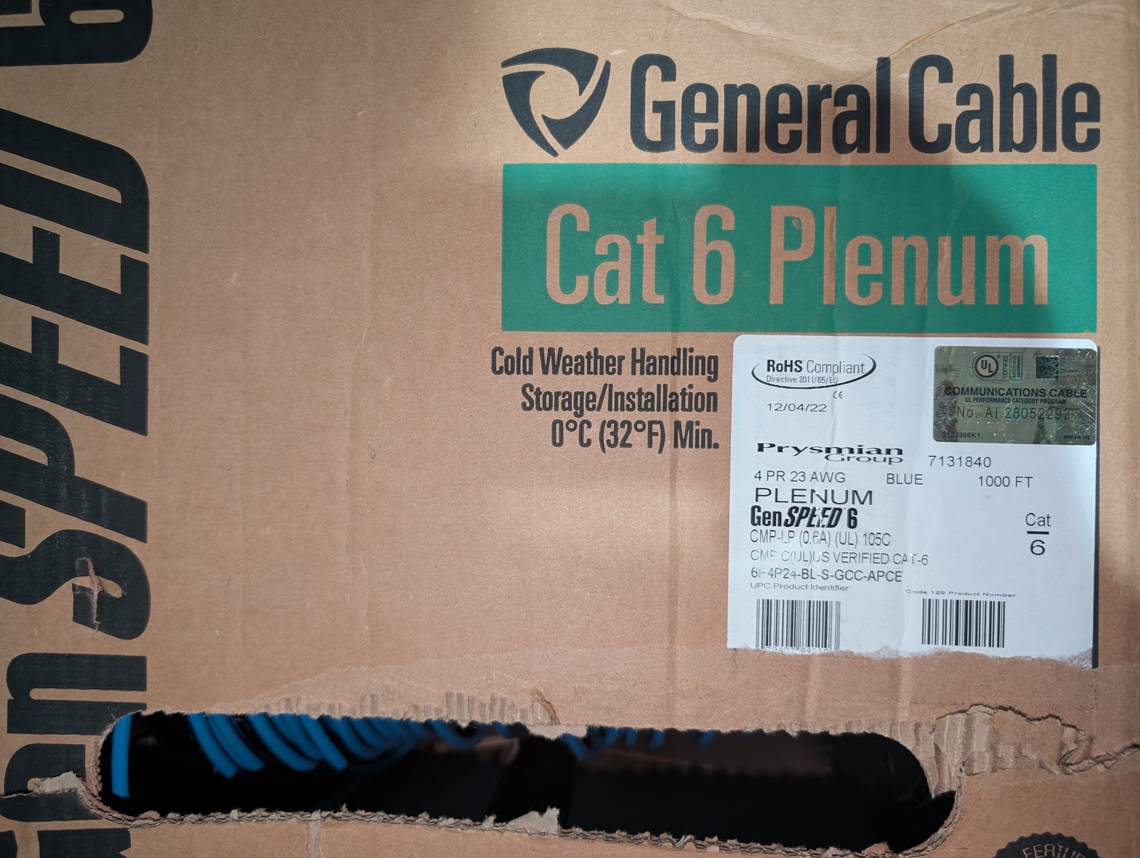General Cable GenSPEED 6 Cat6 Plenum CMP 1000ft Blue 23AWG Solid Copper NEW