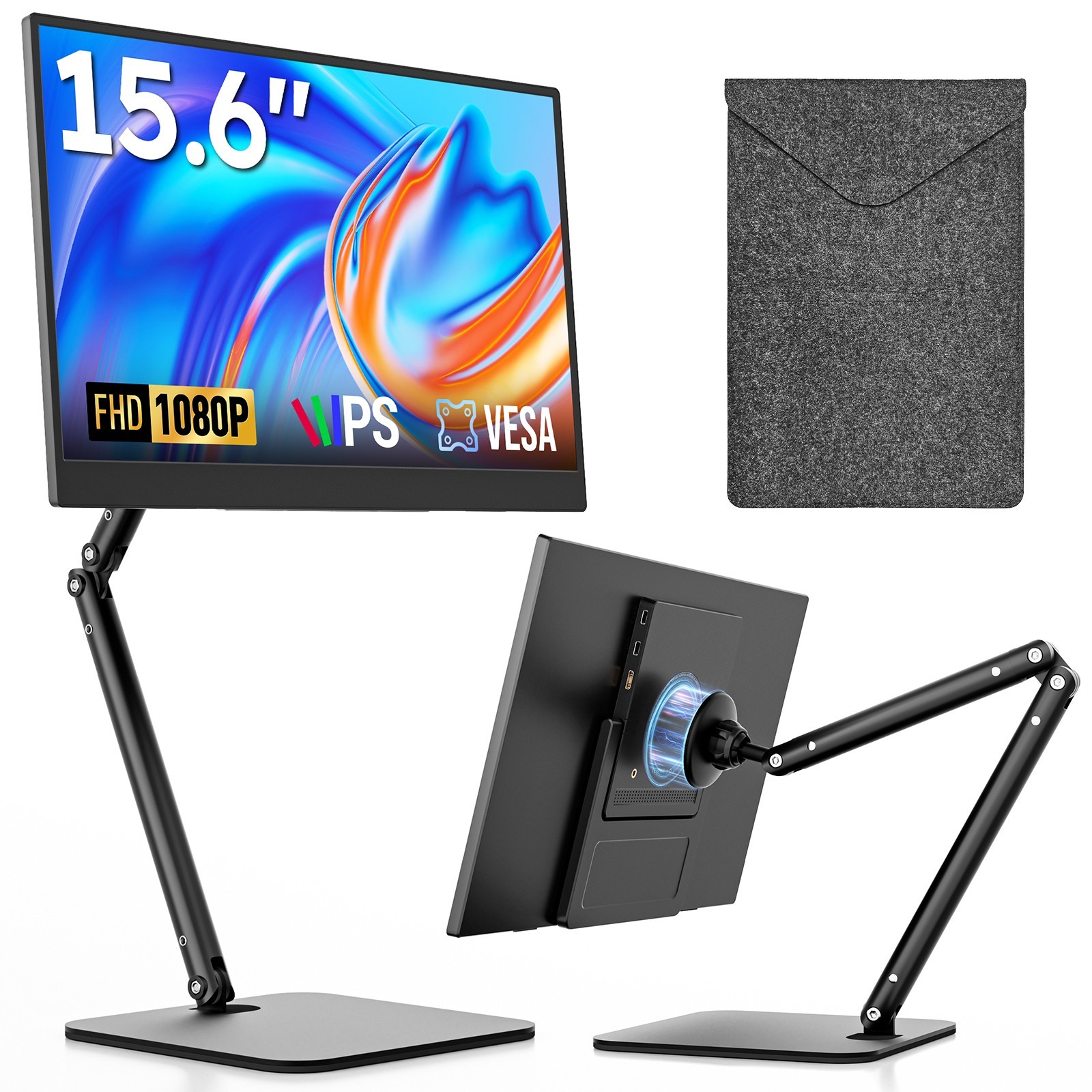 15.6" Portable Monitor w/ Foldable Magnetic Stand & Bag  FHD 1080P IPS PC Phone