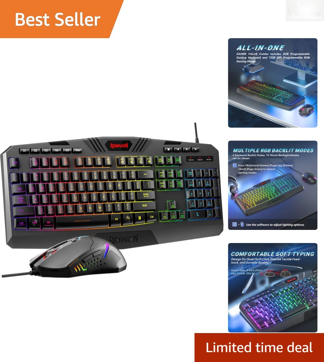 RGB Backlit Keyboard & High-Precision Mouse - Ergonomic & Programmable