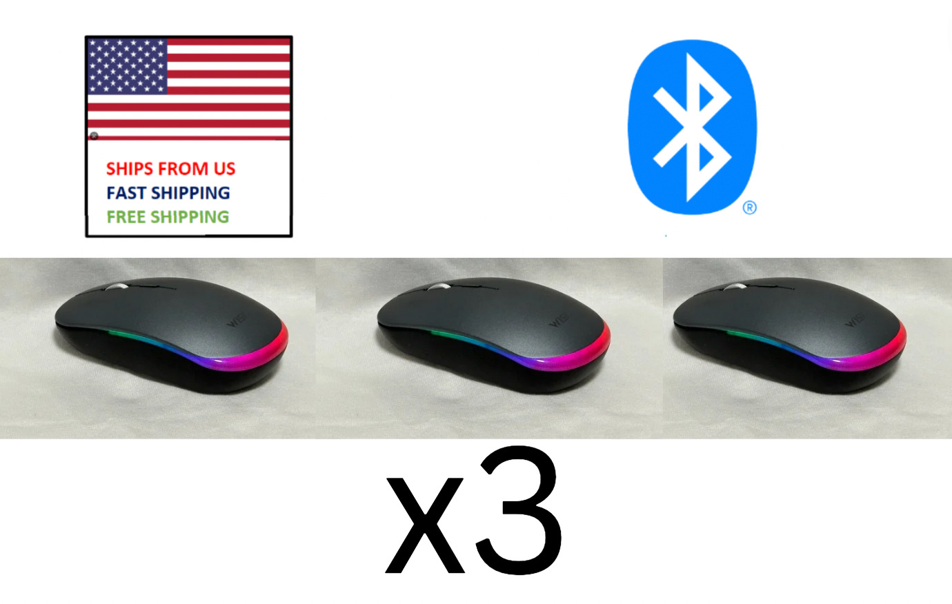 x3 Gray RGB LED Wireless Mouse Rechargeable Bluetooth Dongle Receive 2.4G