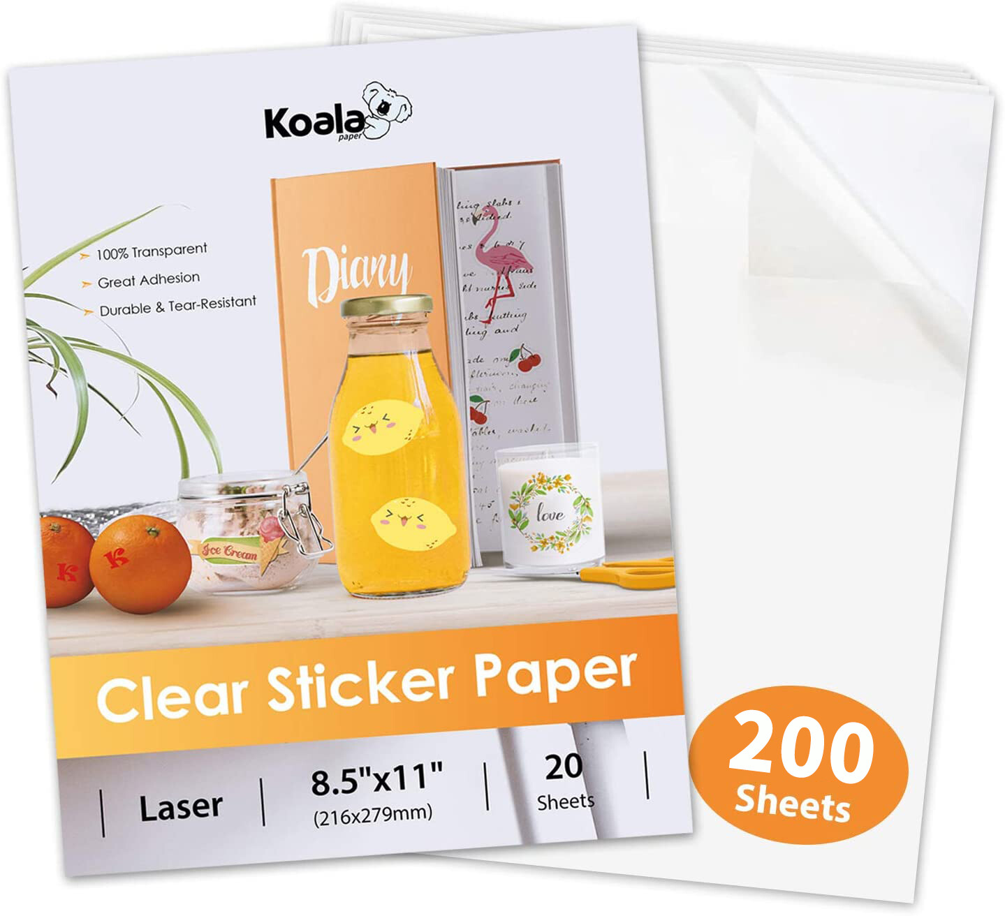 200 PK Koala Printable Clear Vinyl Sticker Paper for LASER Printer Waterproof
