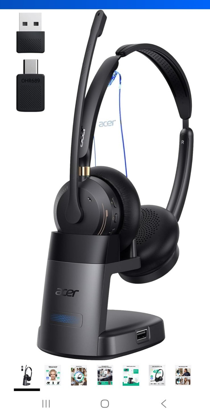 Acer OHR689 Wireless Headset Bluetooth 5.3/2.4GHz RF Boom Mic Charging Dock