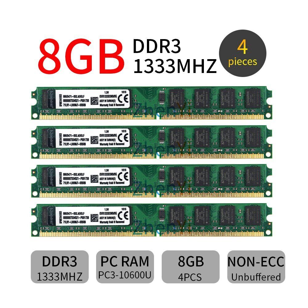 Kingston 32GB 4x 8GB DDR3 1333MHz PC3-10600 KVR1333D3N9/8G 240pin DIMM Memory BT