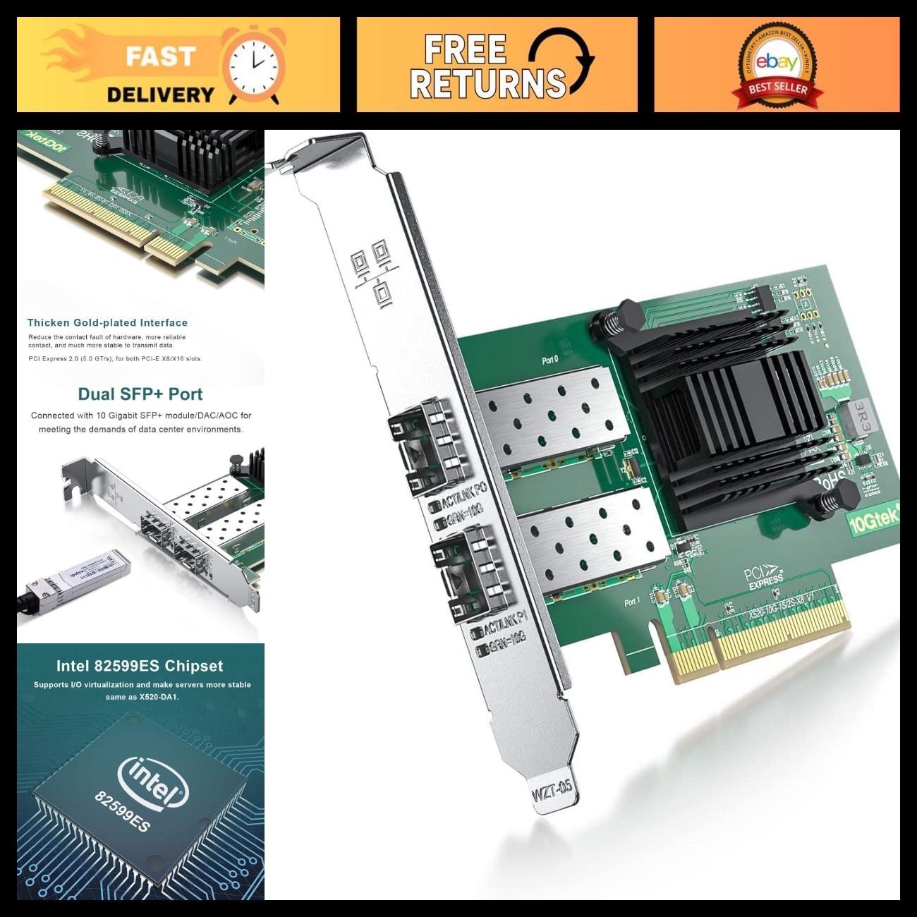 10Gb Ethernet Network Card, Dual SFP+ Ports, PCIe 10G LAN Adapter for Windows/Li
