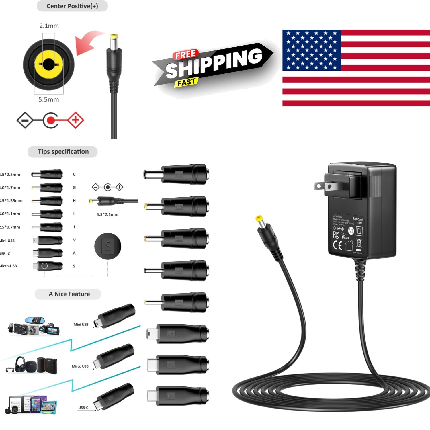 5V 2A Universal AC Adapter Power Supply for Tablets Speakers and Record Players