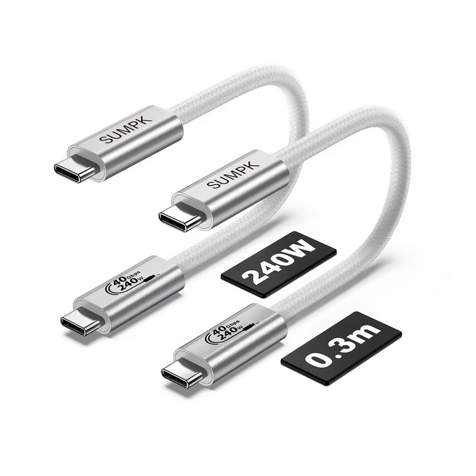 SUMPK 1 FT Short USB4 Cable 2 Packs, 240W USB C to C 1ft, white