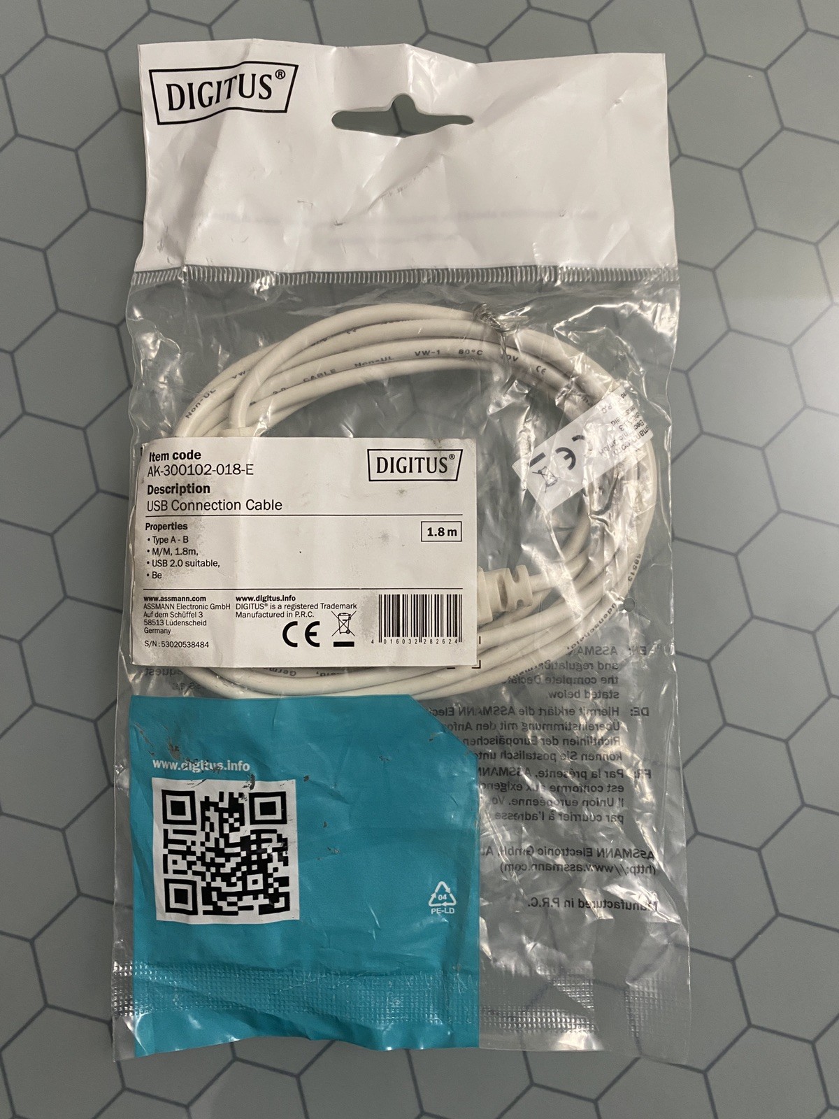 DIGITUS USB 2.0 connection cable, AK-300102-018-E, USB Type-A to USB Type-B