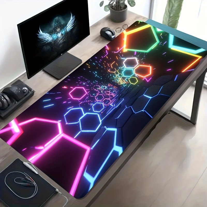 A Large Gaming Mouse Pad Featuring a Colorful Neon Hexagonal Tunnel Design Tha