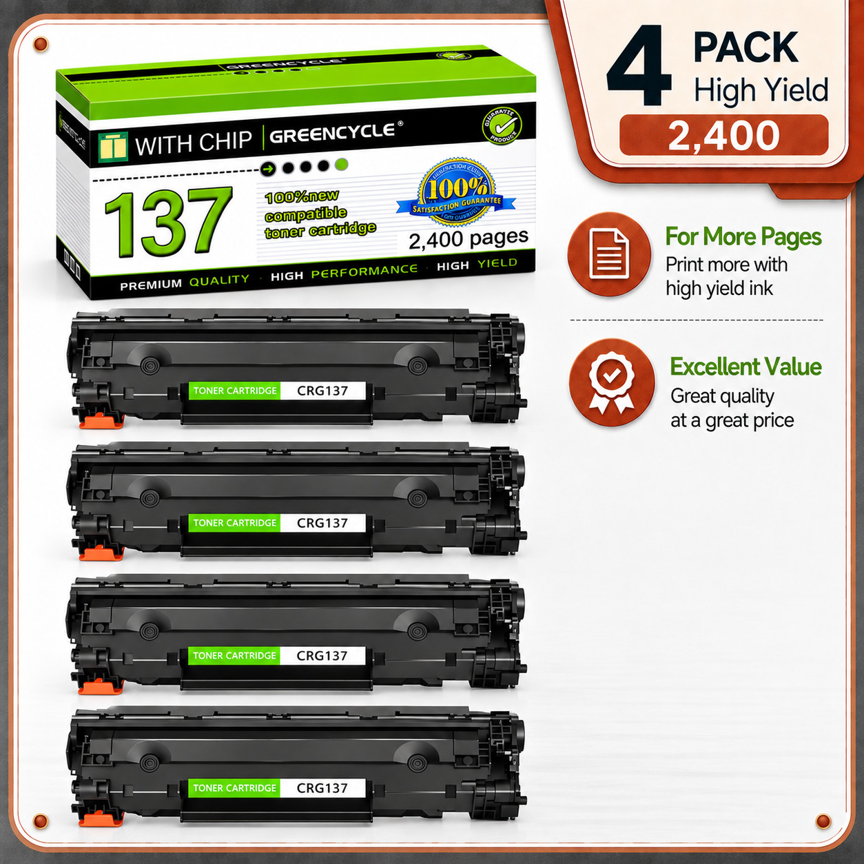 4 Pack CRG137 Toner Cartridge for Canon 137 ImageClass MF227dw MF212w MF242dw