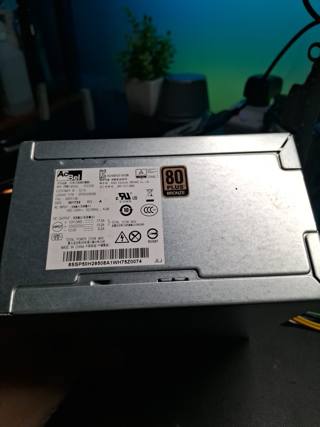 AcBel PCE026 250W 80 Plus Bronze Desktop Power Supply SP50H29508 00PC736 P320