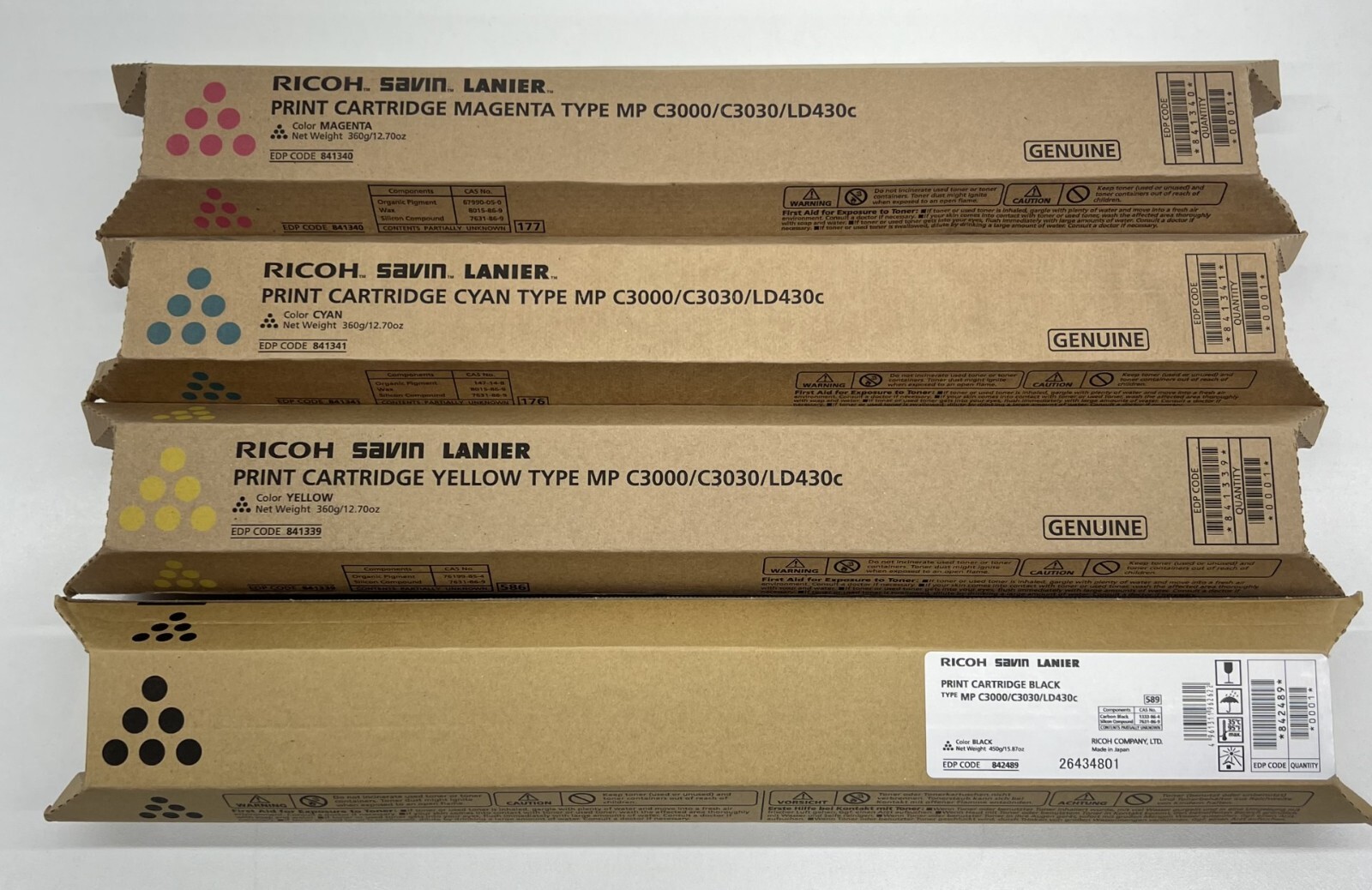 Genuine Ricoh Savin Lanier Toner - Set of 4 - Yellow, Black, Cyan, Magenta - NEW