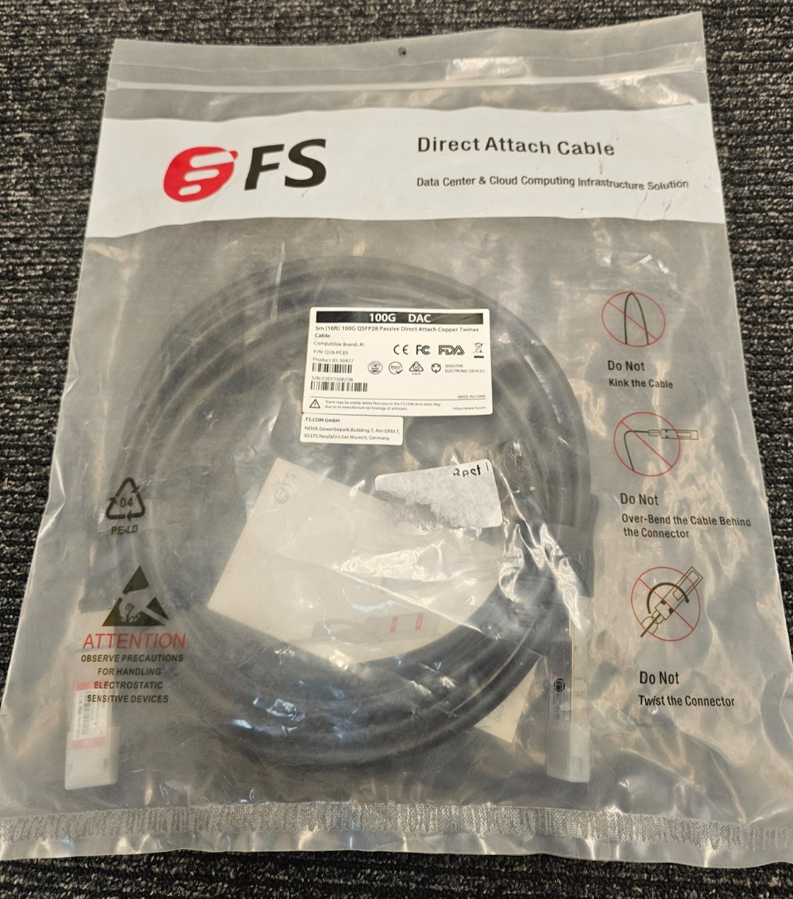 FS Q28-PC05 QSFP28 5m (16ft) 100G Passive Direct Attach Copper Twinax Cable