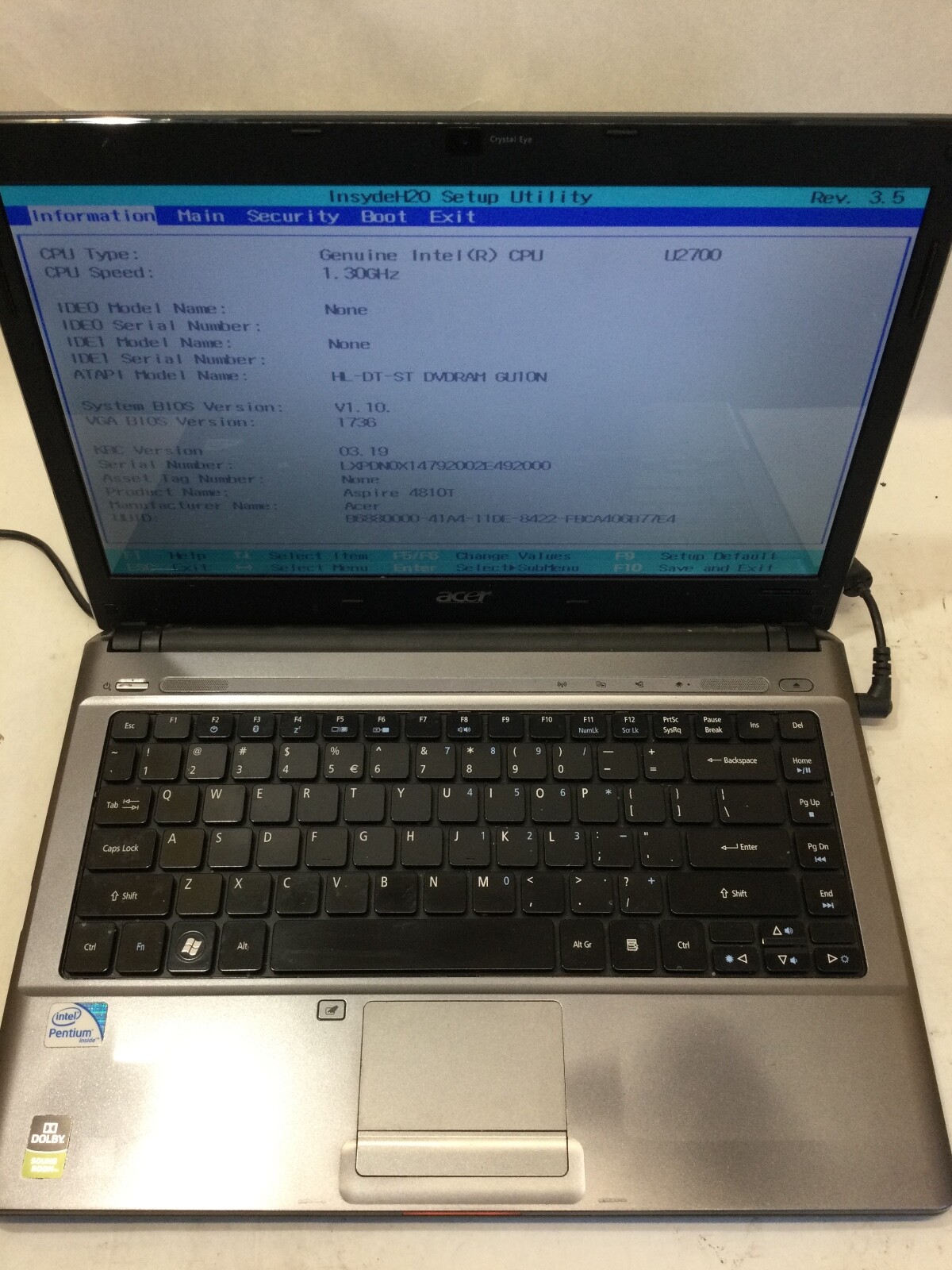 ACER ASPIRE 4810T = INTEL PENTIUM - 4GB RAM - BOOTS TO BIOS -READ DESCRIPTION-BB