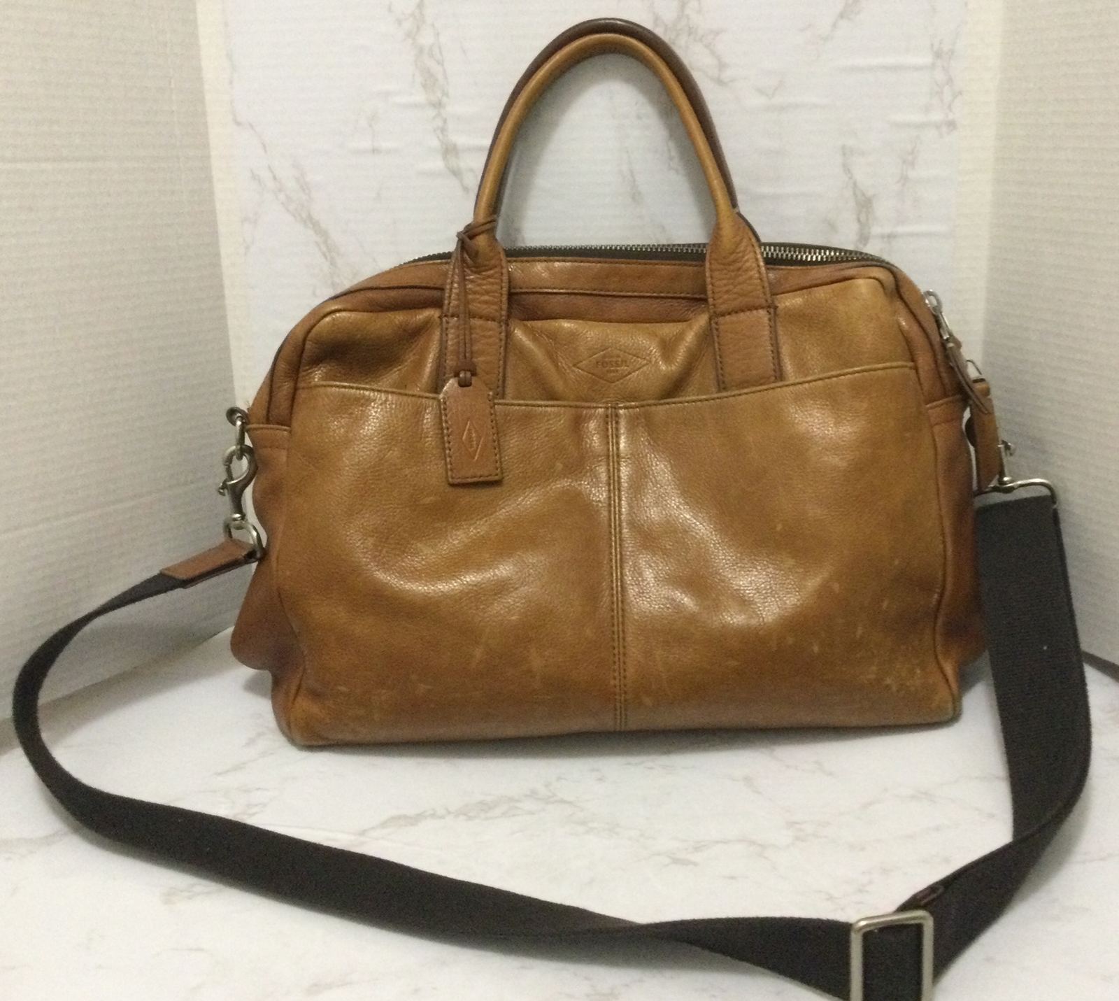 Fossil Messenger Computer Distressed Leather Laptop Shoulder Strap Brown Tan