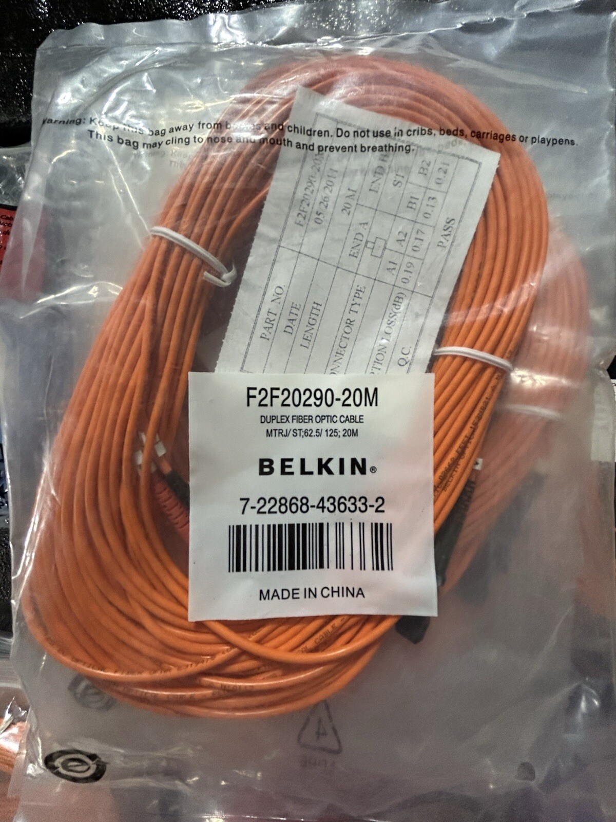 NEW BELKIN DUPLEX FIBER OPTIC PATCH CABLE F2F20290-20M, 7-22868-43633-2